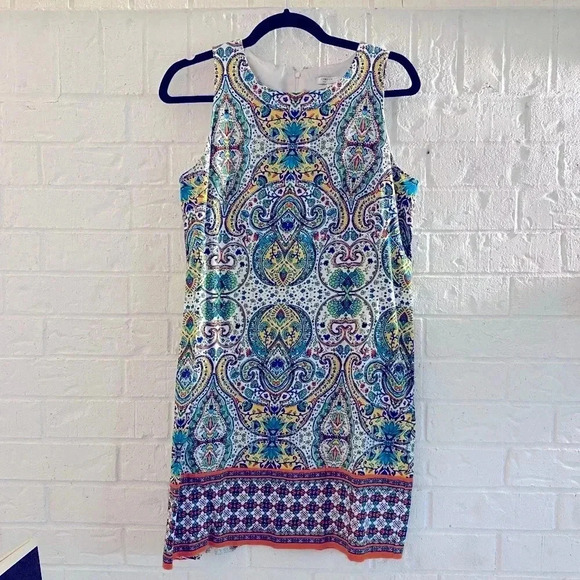 Women’s Size 12 Mini Dress Multicolor Patterned Office Colorful Sleeveless Zip - Picture 1 of 11